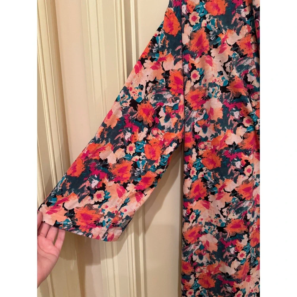 Natori Floral Robe Womens Medium Multicolor 3/4 Sleeve Knit Loungewear No Belt